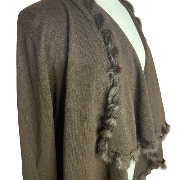 Jones New York Signature L Brown Rabbit Fur Trim Cardigan Viscose/Lamb Wool - Picture 2 of 16